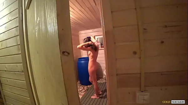 Met my beautiful skinny stepsister in the russian sauna and could not resist, spank her, give cock to suck and fuck on table